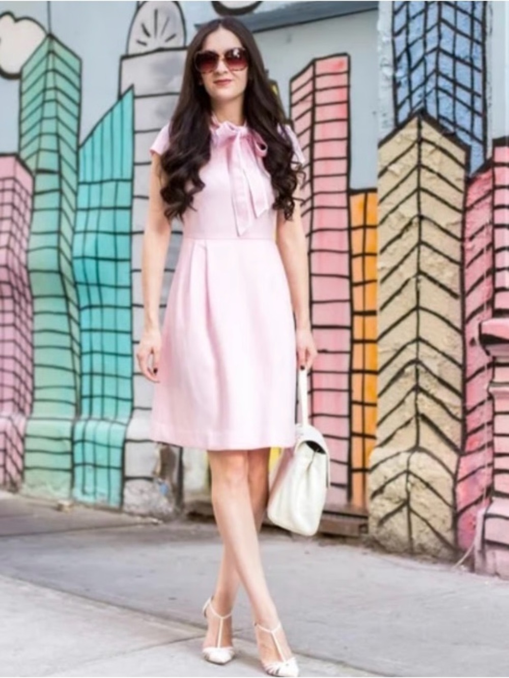 J. Crew Women's Pink Bow-Neck A-Line Midi Crepe Dress Size:12